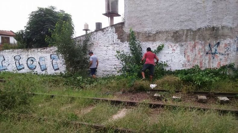 Vecinos del paso a nivel Mitre, en plena tarea de poda. Foto Matías Godoy..