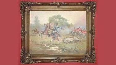 CUADRO. Lorenzo López salva la vida del General Juan Martín de Pueyrredón en el combate de Perdriel en 1806. Óleo sobre tela. J. Villar Matthis. Sala Invasiaones Inglesas. Museo del Cabildo de Luján..