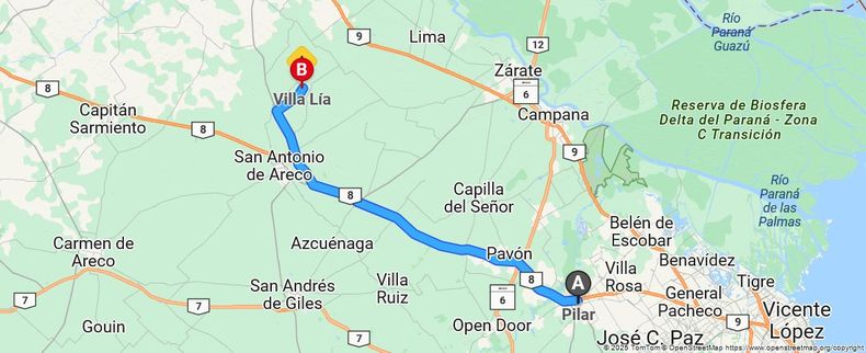 Cómo llegar de Pilar a Villa Lía. (Captura de pantalla)..jpg