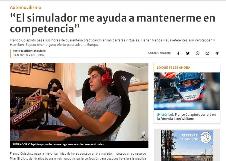 Franco Colapinto en Pandemia en Pilar, en la entrevista con El Diario, contaba cómo se adaptaba al mundo virtual del automovilismo.
