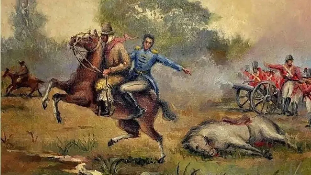 PINTURA. Recrea el acto heroico de Lorenzo López cargando en su caballo a Pueyrredón.