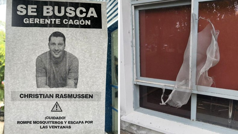 El afiche que los trabajadores hicieron para Rasmussen, al lado de la venta que rompi&oacute; para escapar.