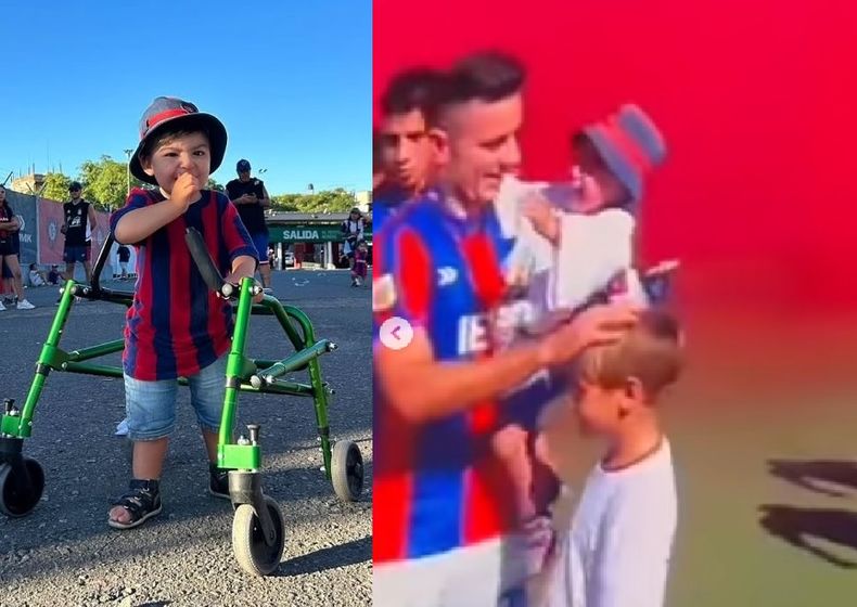 Lolo Hernández, en la cancha y en brazos de Malcom Braida, capitán de San Lorenzo.