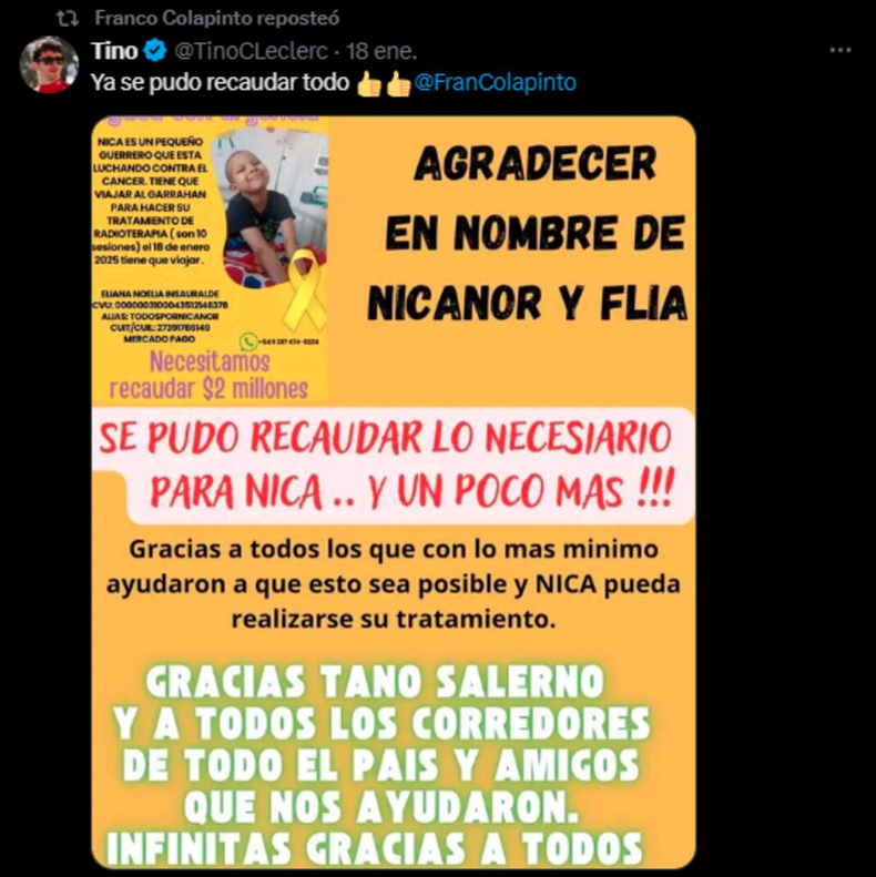 La mamá de Nicanor anunció que lograron recaudar el dinero para el tratamiento. (Captura)..png