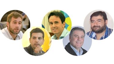 DE IZQ. A DER.: Federico Achával (Frente Pilarense), Juan Pablo Roldán (Peronismo kirchnerista), Sebastián Neuspiller (Cambiemos), Gustavo Trindade (Espacio Abierto) y Silvio Rodríguez (Frente Renovador)..