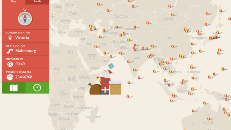 Se simula el recorrido de Papá Noel mientras reparte regalos por todo el mundo. (Google).