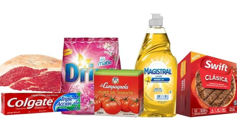 Los 6 productos que más subieron:Pasta dental Colgate 38%.Puré de tomate La Campagnola 34%.Hamburguesa Swift 29%.Cuadril 25%.Detergente Magistral 24%.Jabón en Polvo Drive 23%..