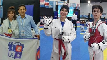 MEDALLAS. Guadalupe Cejas muestra la de oro junto al profe Malaquías. Tiana Avaca (plata) y Ramiro San Juan (bronce) con sus preseas.
