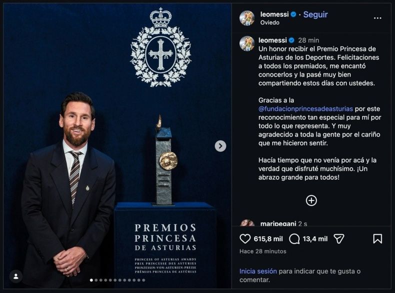 La publicación de Messi en su cuenta de Instagram. (Captura).
