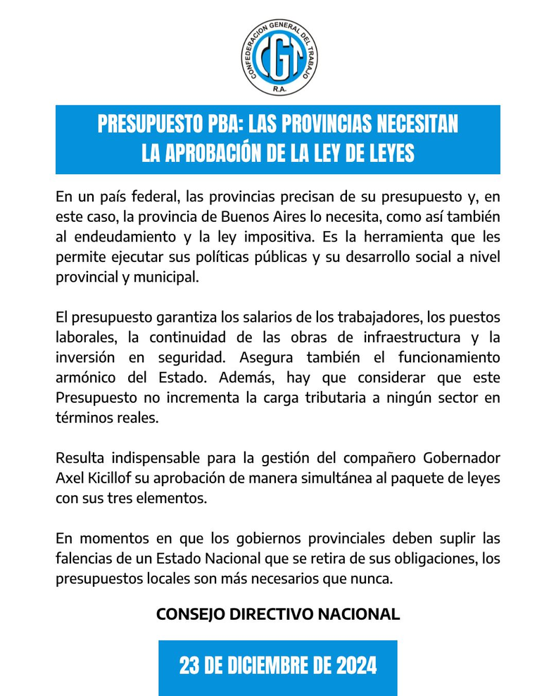 El comunicado que comparti&oacute; la CGT.