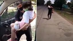IMÁGENES DOLOROSAS Y VIRALAES. El papá de Abigail bajándola de auto y cargándola al no permitirles el ingreso a Santiago. .