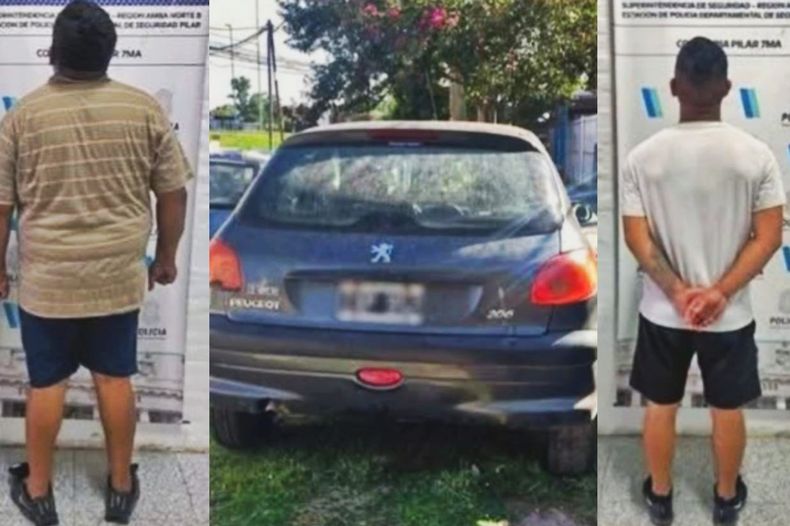 Los aprehendidos y el auto el Peugeot 206 en el que se movilizaban.