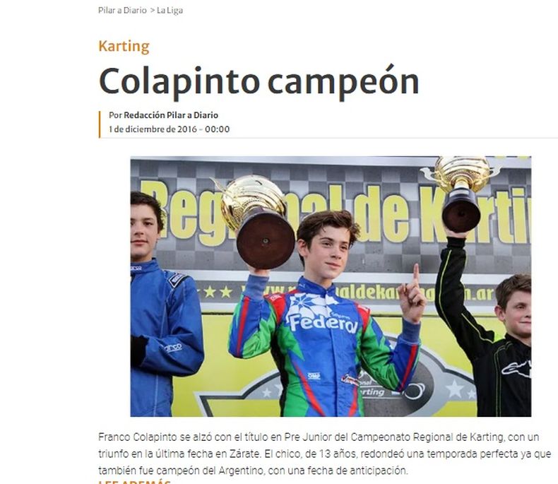Franco Colapinto con su coronación en la categoría Pre Junior de karting en 2016.