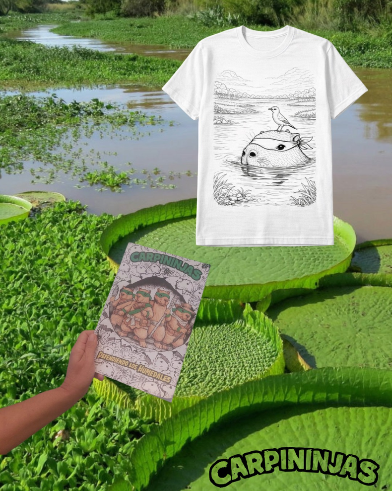 &nbsp;El libro y la remera con los carpinchos ninja.