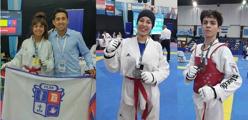 MEDALLAS. Guadalupe Cejas muestra la de oro junto al profe Malaquías. Tiana Avaca (plata) y Ramiro San Juan (bronce) con sus preseas.