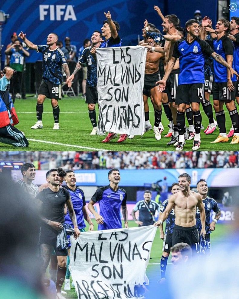 La Selección Argentina celebra su triunfo con una bandera de Malvinas. (Clarín).