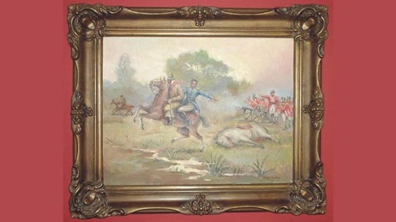 CUADRO. Lorenzo López salva la vida del General Juan Martín de Pueyrredón en el combate de Perdriel en 1806. Óleo sobre tela. J. Villar Matthis. Sala Invasiaones Inglesas. Museo del Cabildo de Luján..