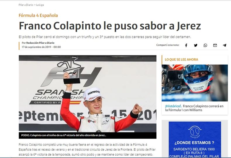 Franco Colapinto rápidamente mostró su talento en Europa como en este triunfo en Jerez en la F4 de España.
