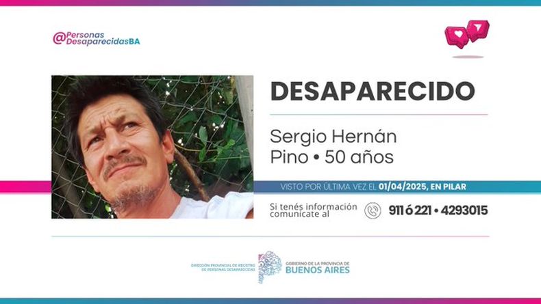 Sergio Pino es intensamente buscado desde el 1° de este mes.