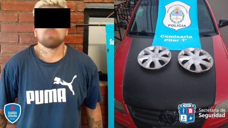 El detenido junto a su vehículo y las llantas que sustrajo en Villa Morra. .
