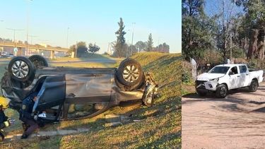 El VW Gol volcado y la camioneta que lo embistió desde atrás.