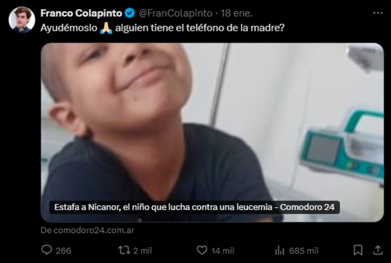 El tuit de Franco Colapinto ayudó a recaudar el dinero. (Captura)..png