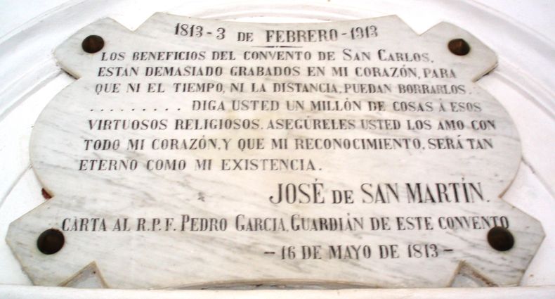 EMOTIVO Placa del General San Martn que se encuentra en el Convento de San Carlos nbsp