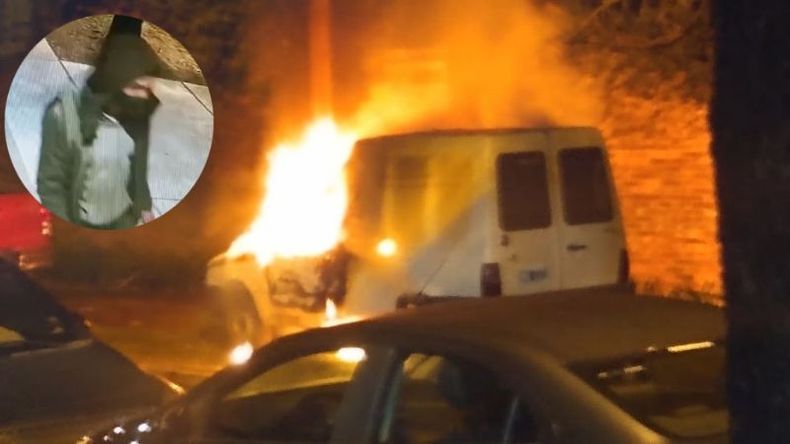 La Fiorino en llamas y una de las imágenes que se pudo captar del incendiario..