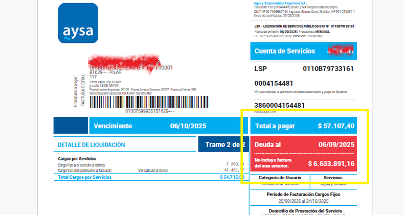 La factura de Aysa que indica la deuda de $6,6 millones para una pareja de Pilar.