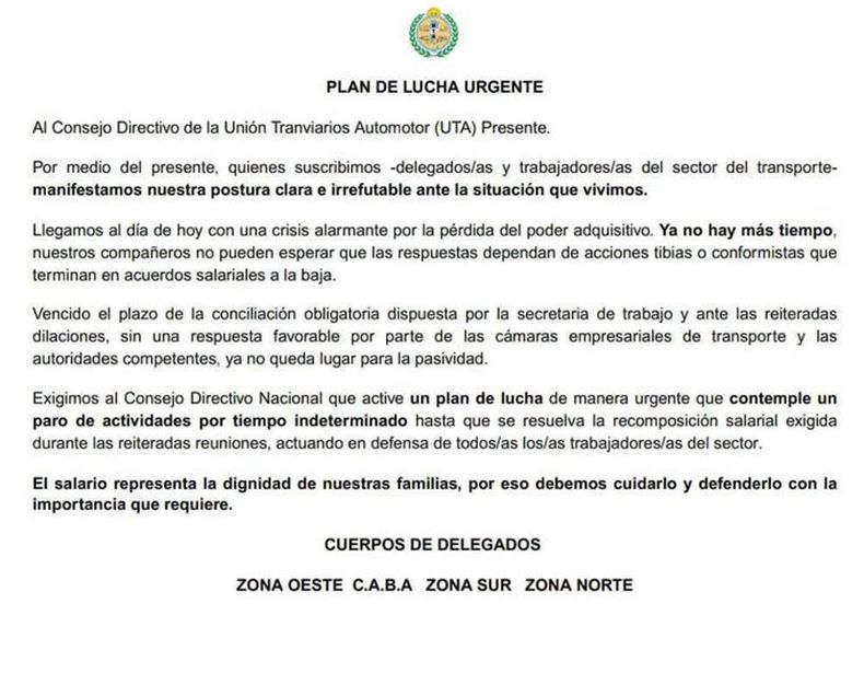El comunicado de la UTA advirtiendo por la posibilidad del paro de colectivos.