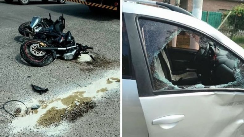 FUERTE IMPACTO. Así quedaron la moto y el auto involucrados en el accidente..