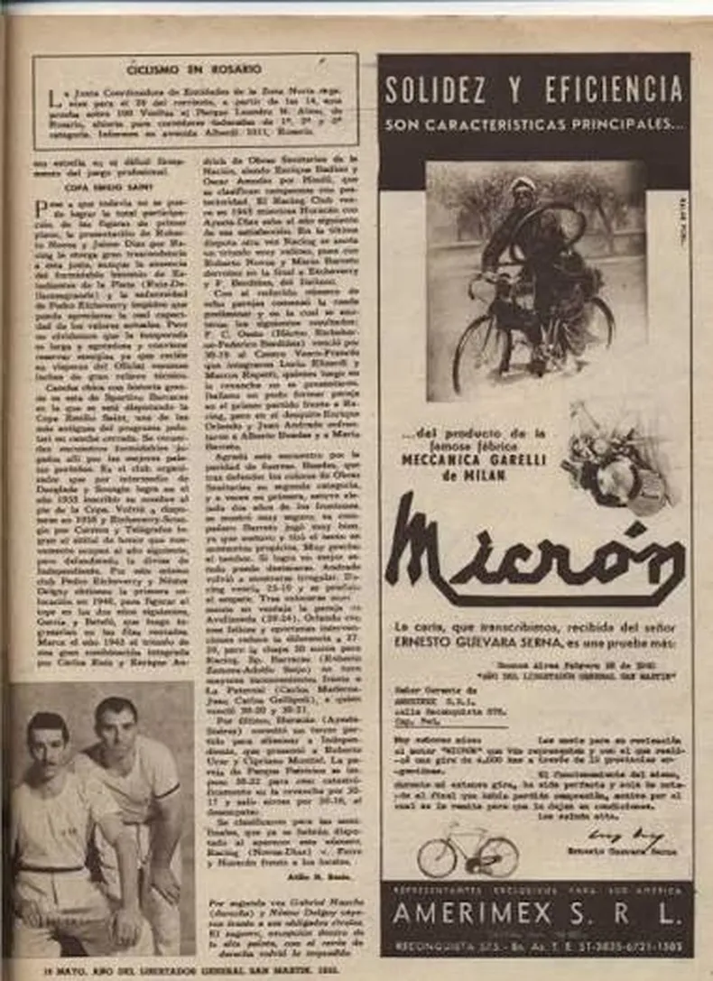 Aviso publicado por la revista El Gráfico donde El Che Guevara destaca el rendimiento del motor que le colocó a su bicicleta para recorrer 12 provincias argentinas. 