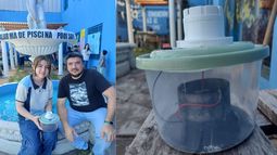 Magalí Frappa junto a su docente Ariel Pérez, con la alarma para piscinas PoolSafe.